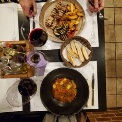 Veal gnocchi and pork skewers w potatoe and veggies