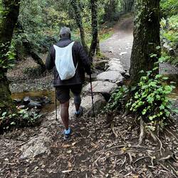 Allan crossing a rather rustic bridge.