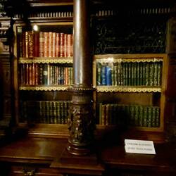 The library - quite dark to preserve the books. There's a secret door in here too.