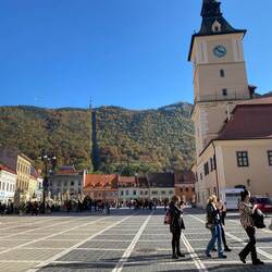 Brasov sign high on the mountain behind the Square