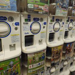 A capsule shop where you buy novelty items (pot luck) for around 300¥