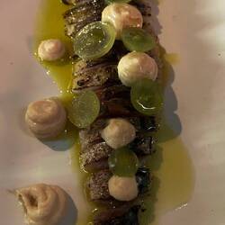 Mackerel with grapes and garlic puree