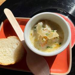 An amuse bouch of scampi with chicon - delicious