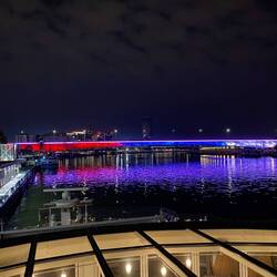 The bridge is lit up in the Serbian colours