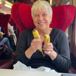 Brigitte trying to entice me to snack on a banana