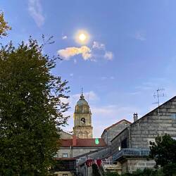Morning greeting. Just waning moon over the church I was blessed to be in last night.