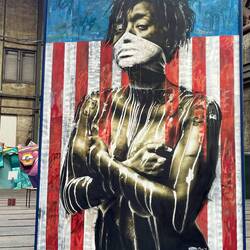 Eddie Colla (USA) The residue of arrogance (2017) Wheatpaste, spray glue, acetone & latex on plywood