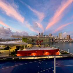 Sunrise from our cabin before we have to vacate it — Port of Miami, Florida.
