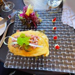 My lunch - Smoked Salmon, omelette, shrimp and salad open sandwich