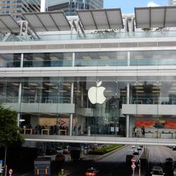 The massive Apple store. It has three levels and it straddle a busy road.