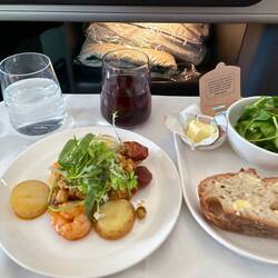 Entree of prawns, chorizo and chickpeas - delicious