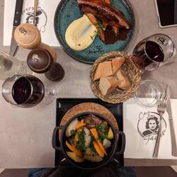 Half duck breast with potato (top) & Rooster casserole (bottom) in Bordeaux