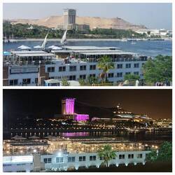 View of Elephantine Island from our hotel window; day / night