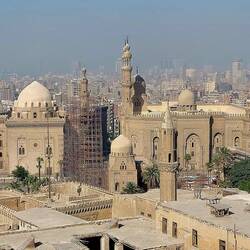 View down onto the Mosque of Sultan Hassan and the Al-Rifai Mosque from a terrace