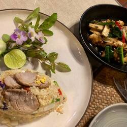 Pork fried rice & Chicken with basil & chilies