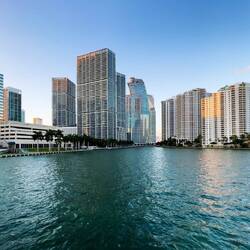 A small section of the city skyline from Brickell Key Bridge — Miami, FL.