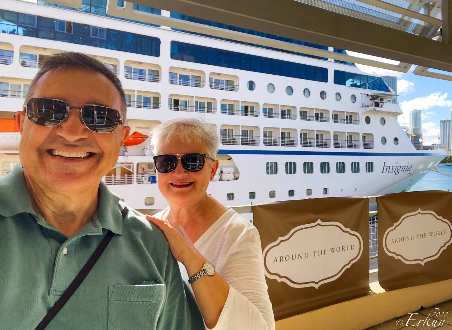 A "welcome aboard RTW2023" selfie — Port of Miami, FL.