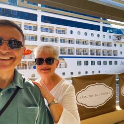 A "welcome aboard RTW2023" selfie — Port of Miami, FL.