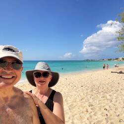 A "we are at Cemetery Beach" selfie — Grand Cayman.