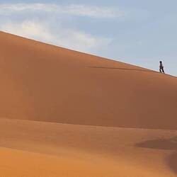 Our second evening, with the whole team climbing the dune for sun set