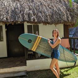 Our bungalow and surfboard in Salvador