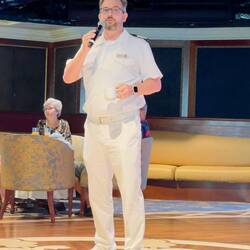 GM Damien welcomes us to the RTW Coffee Get Together — Aboard Insignia.