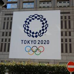 Olympics logo at the Tokyo Metropolitan Government Building.