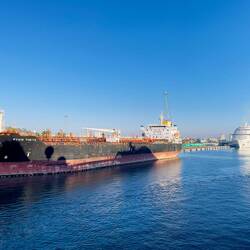 Looks like we will be squeezing in between the cargo vessel and Carnival Panorama — Mazatlan, Mexico