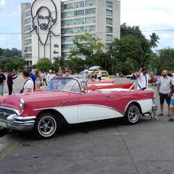 A gathering of classic cars at the Plaza of the Revolution.