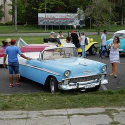A gathering of classic cars at the Plaza of the Revolution.