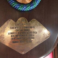 Plakette mit Namen des Stieres etc.