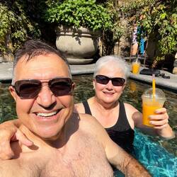 A "we are in the 88F pool" selfie — Santa Teresita Spa in Amatitlan, Guatemala.