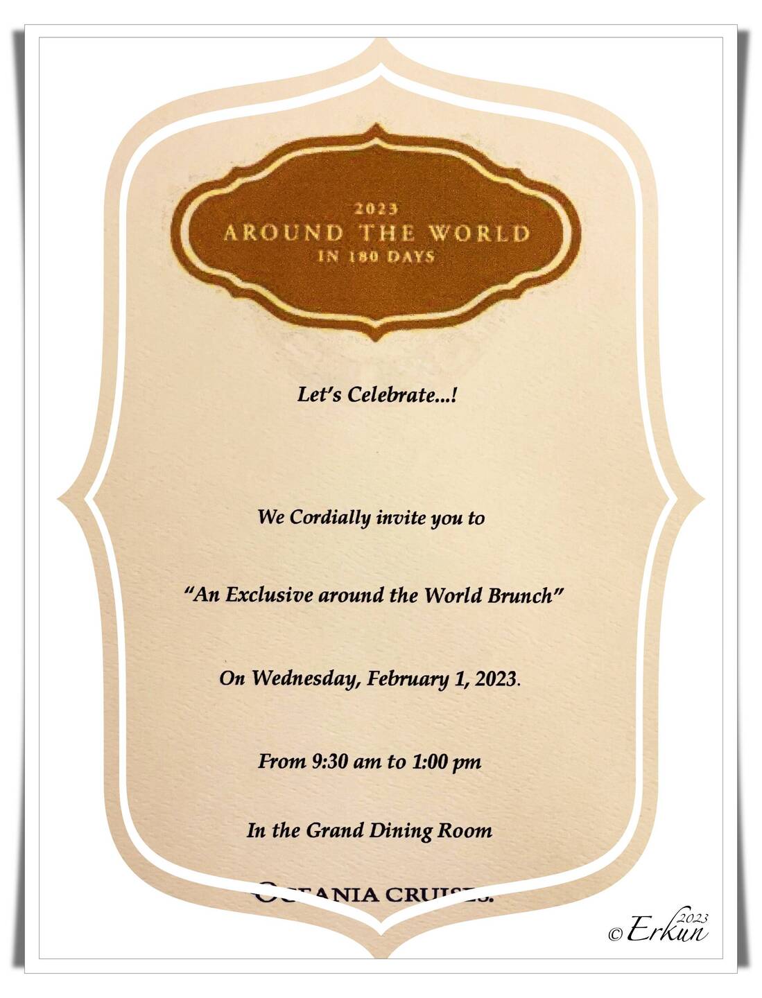 Invitation for the special brunch for the world cruisers — Aboard Insignia.