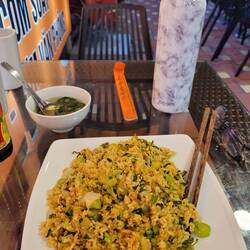 Huge, tasty veg fried rice & cold ginger soup. $2.75