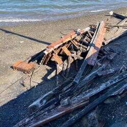 Die Reste eines Holzschiffes verrotten am Ufer.