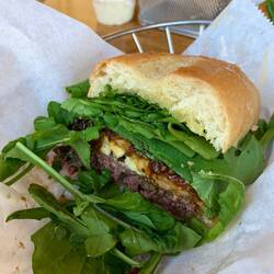 Burger with goat cheese and caramelized onion jam