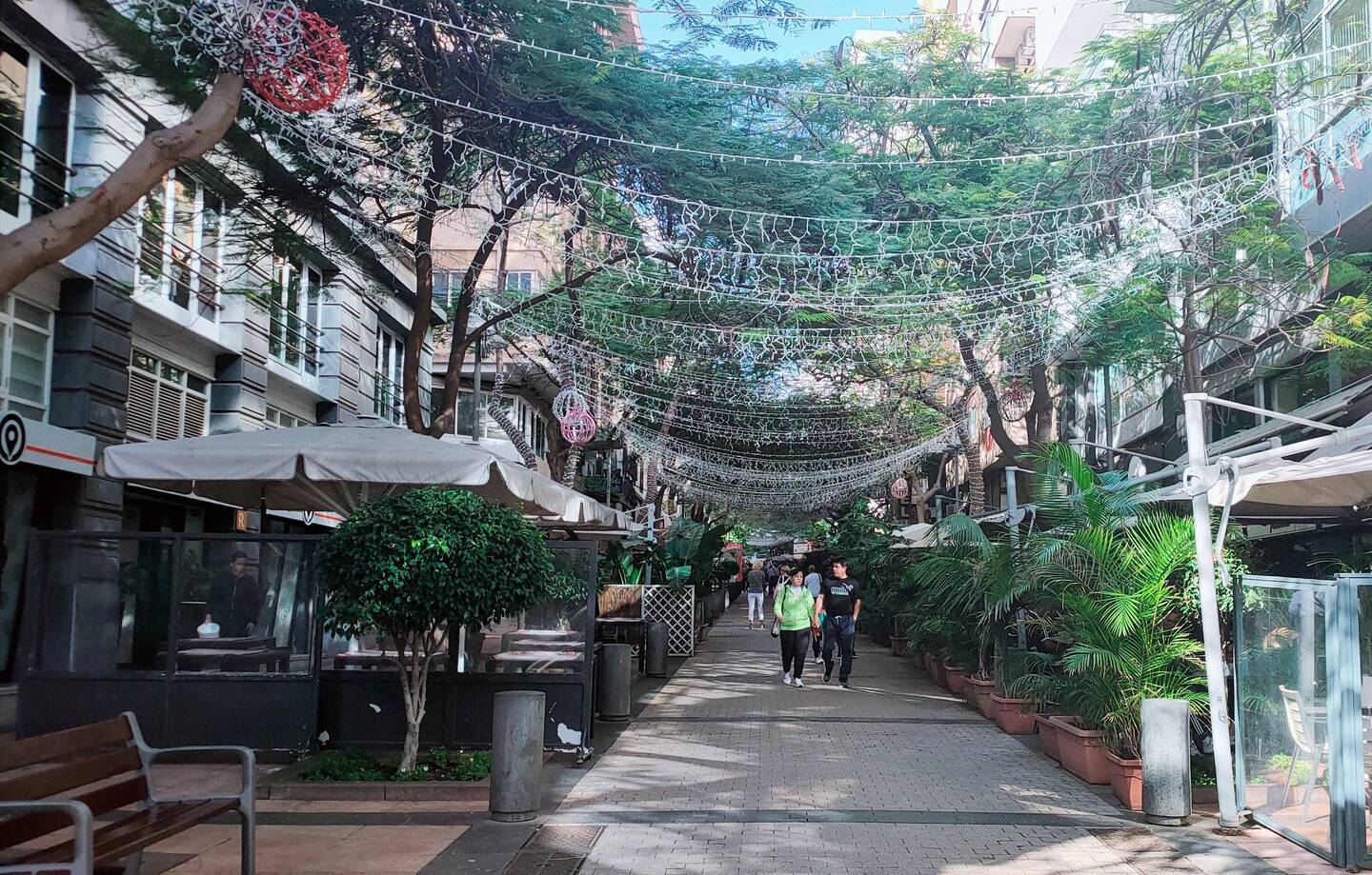 Boulevard, noch Weihnachtsbeleuchtung und überall schon häßliche Coca Cola für Karneval