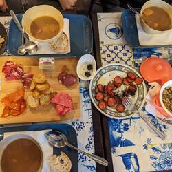 Tapas lunch including Chorizo, a platter of Portuguese sausage and a Tuna and Bean salad