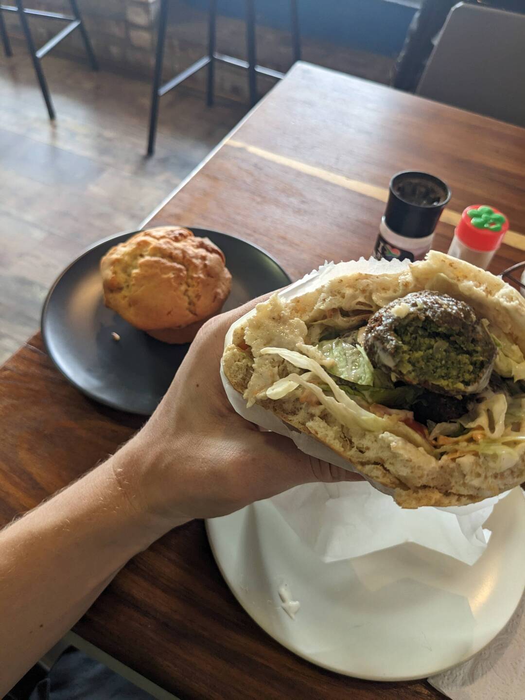The great falafel sandwich and a vanilla muffin for dessert.