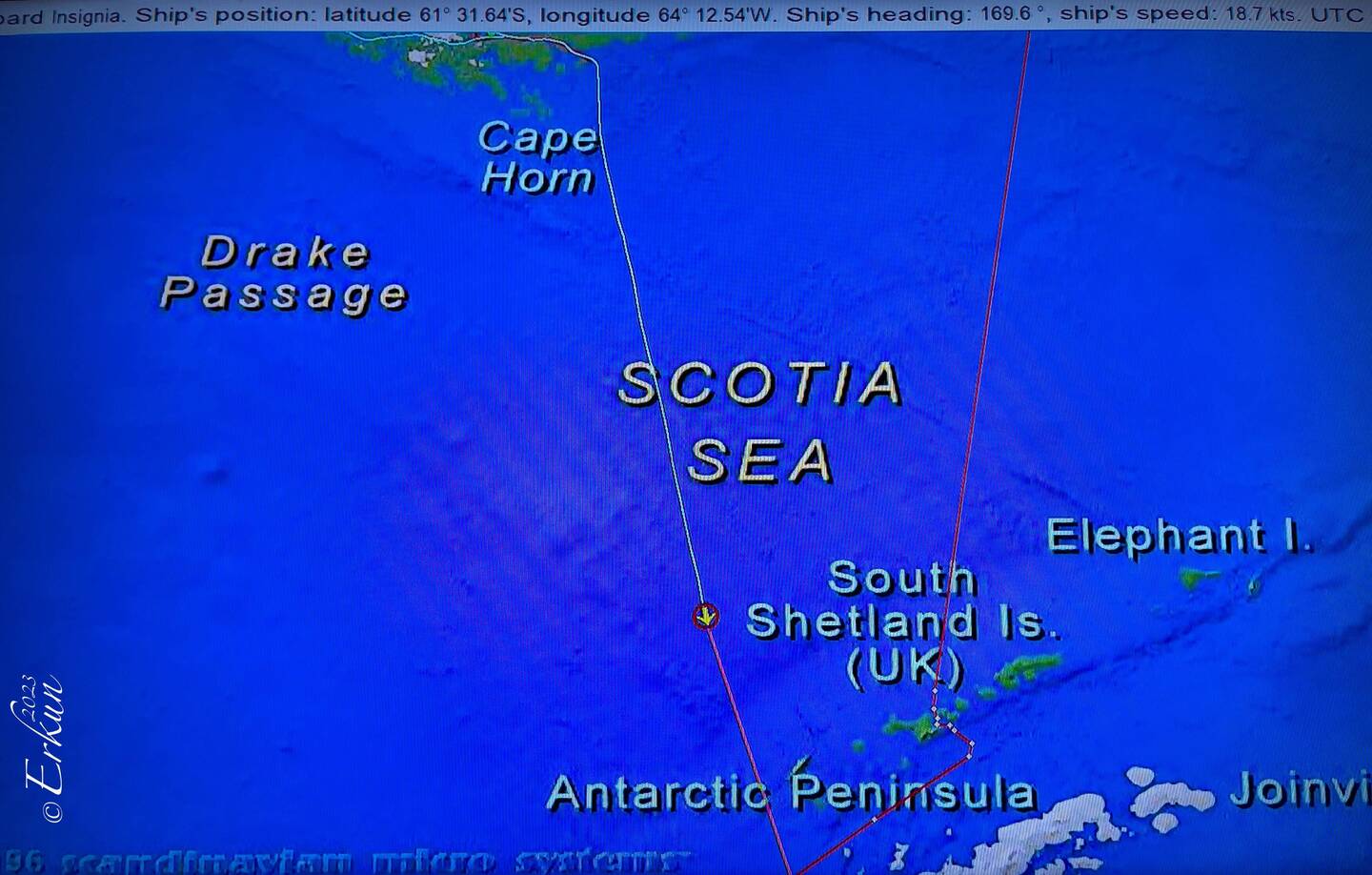 Our present position en route to the Antarctic Peninsula.