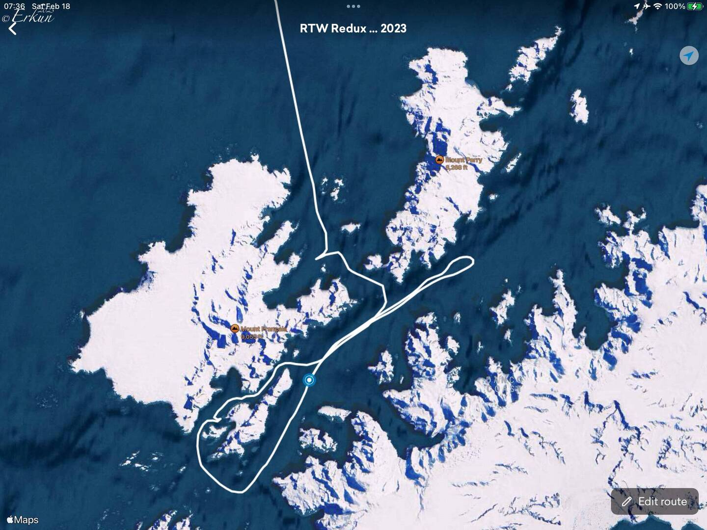 Starting point for today is the blue dot — Gerlache Strait, Antarctica.