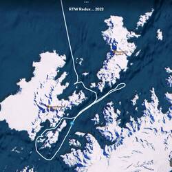 Starting point for today is the blue dot — Gerlache Strait, Antarctica.