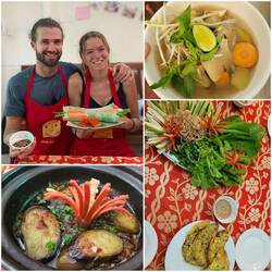 Eusi 4 Gricht, Fresh Spring Rolls, Pho Soup, Eggplant in Clay Pot, Banh Xeo