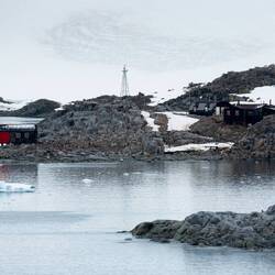 A closer look at Port Lockroy ... those tiny dots are gentoo penguins that nest here.
