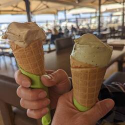Lunch ice cream! Green is pistachio and the other is baklava.