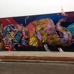 Een stukje van een prachtige muurschildering aan de haven van Cotonou