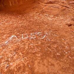 Though it looks like sand, it had a thick layer of snow underneath so Dave had to write Aussie