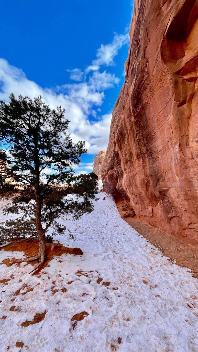 The snow made for a slippery walk into Pine Tree Arch