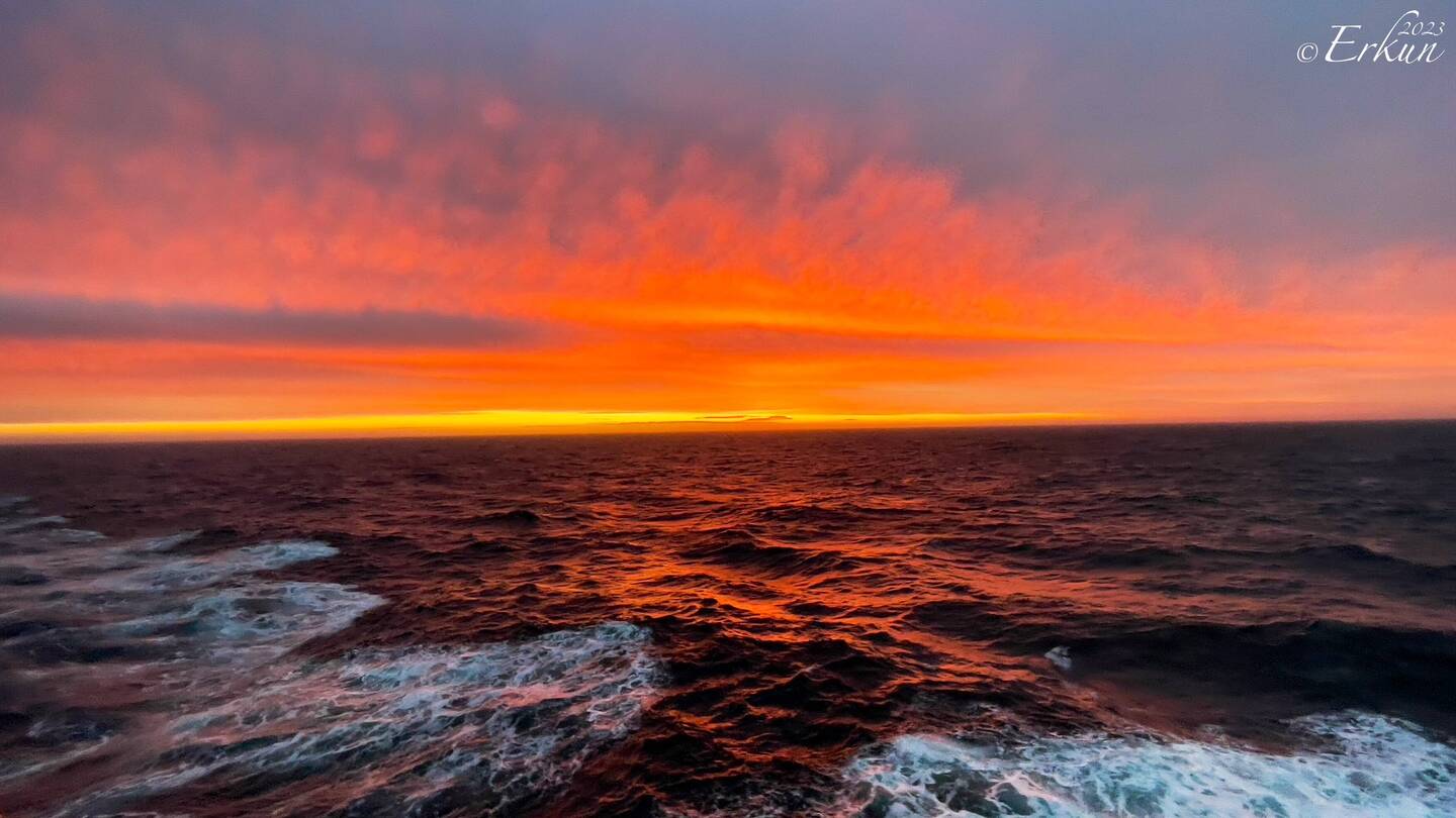 Sunset as we cruise north from the Falkland Islands.