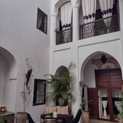 Inside riad courtyard, our room is the lower window on the left